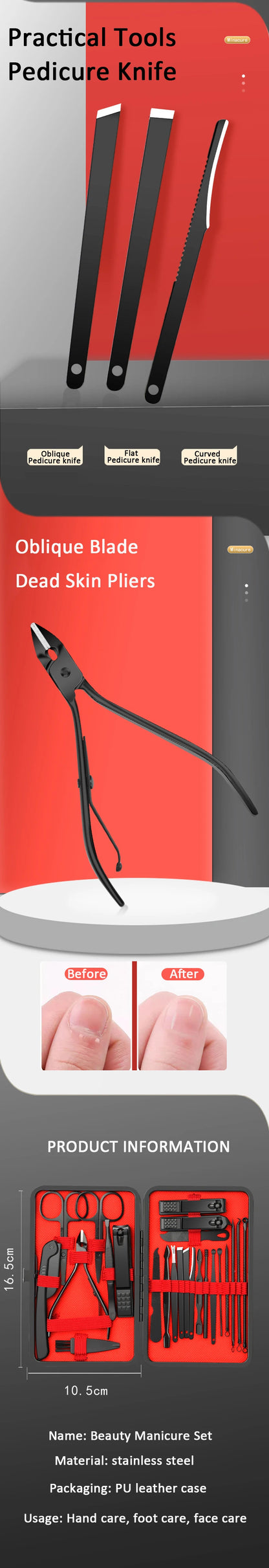 7/10/12/18/20/24PCS Set Professional Manicure Set Kits Stainless Steel Fingernail Toenail Clppers Set with Leather Portable