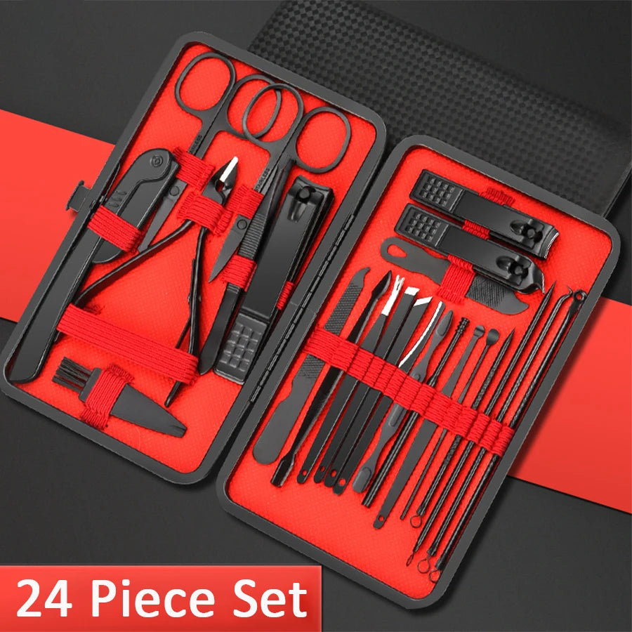 7/10/12/18/20/24PCS Set Professional Manicure Set Kits Stainless Steel Fingernail Toenail Clppers Set with Leather Portable