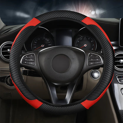Car Steering Wheel Cover Breathable Anti Slip PU Leather Steering Covers Suitable 37-38.5cm Auto Decoration Carbon Fiber