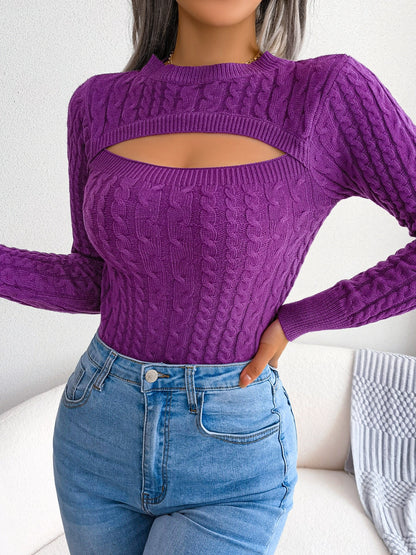 Women'S Sexy Hollow-Out Knit Pullover Sweater, Long Sleeve Crew Neck, Skinny Fit, Acrylic Blend (Polyester 28%, Polyamide 22%, Viscose 28%), High Stretch Fabric, Solid Color, Spring/Fall Fashion Top