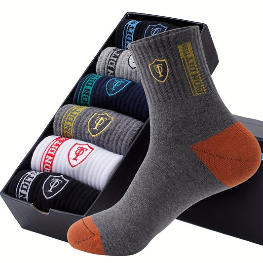 [Breathable Crew Socks] 6pcs LIJIE Men's Breathable Crew Socks | Comfortable Polyester & Spandex Blend, Casual Business Style with Letter Print, Assorted Colors, Versatile Dress Socks